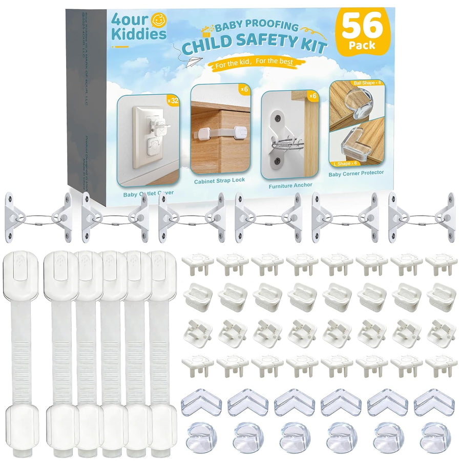 4our Kiddies Baby Proofing Kit 56 Pack, Child Safety Essentials with Cabinet Locks, Outlet Covers, Furniture Anchors and Corner Protectors