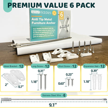 4our Kiddies Furniture Anchors (6 Pack), Furniture Straps for Baby Proofing, Secure 400 Pound Furniture to Wall Prevent Falling, Anti Tip Earthquake Straps for Child Safety (White)