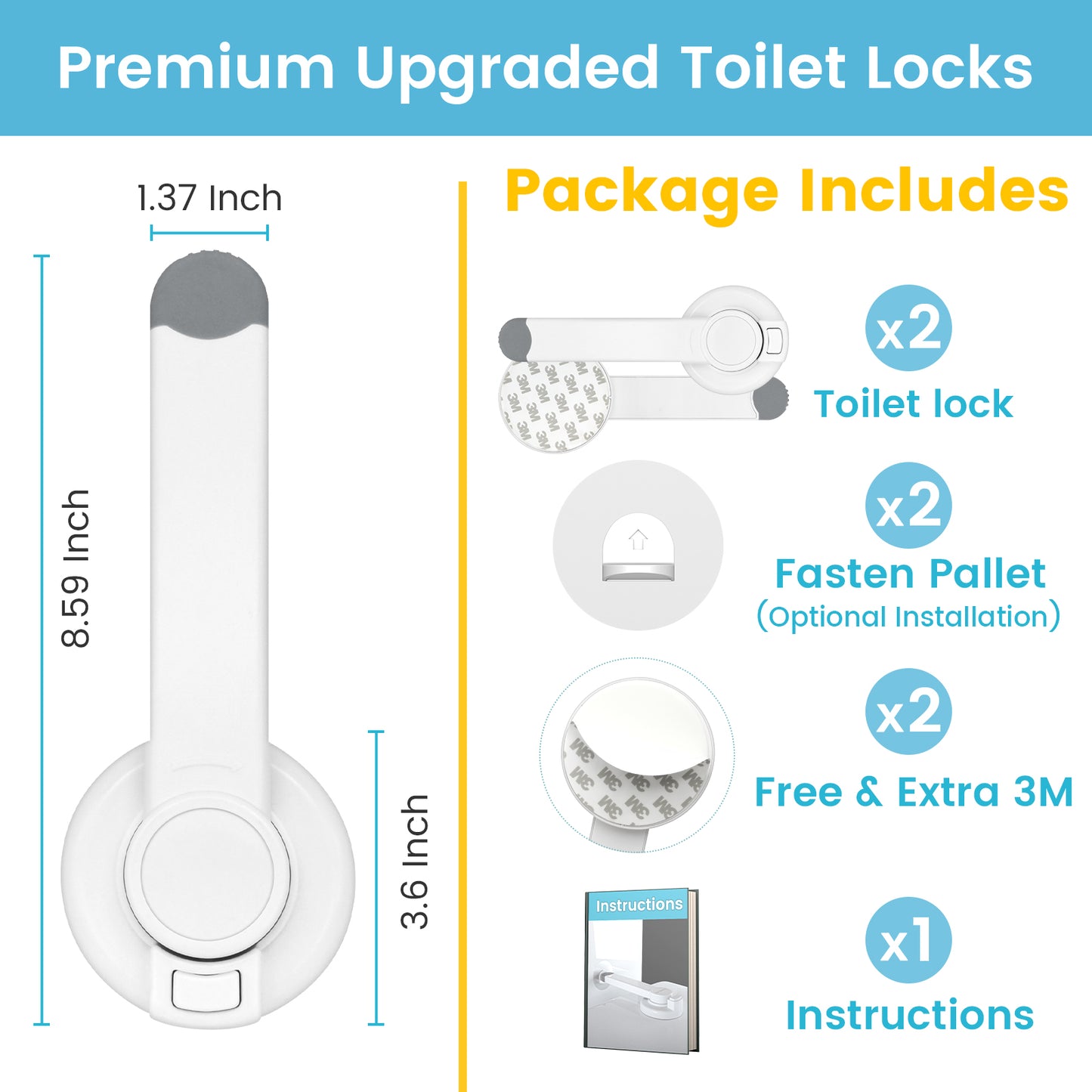 4our Kiddies Baby Toilet Lock for Child Safety, Baby Proof Toilet Seat Lock with Extra Pallet Fit for Most Standard Toilet, Easy Intallation Toilet Lid Lock with Extra 3M Adhesive (2 Pack)