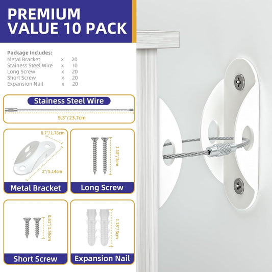 4our Kiddies Furniture Anchors 10 Pack, Anti Tip Furniture Straps for Baby Proofing, Wall Anchors for Child Safety, White