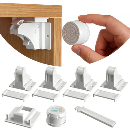 4our Kiddies 4 Pack Child Safety Magnetic Cabinet Locks with 1 Key, No Drill Baby Proofing Drawer Locks for Kids Safety, Invisible Adhesive Magnetic Cupboard Locks for Kitchen Cabinet and Drawers
