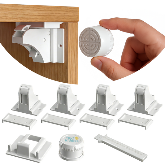 4our Kiddies 4 Pack Child Safety Magnetic Cabinet Locks with 1 Key, No Drill Baby Proofing Drawer Locks for Kids Safety, Invisible Adhesive Magnetic Cupboard Locks for Kitchen Cabinet and Drawers