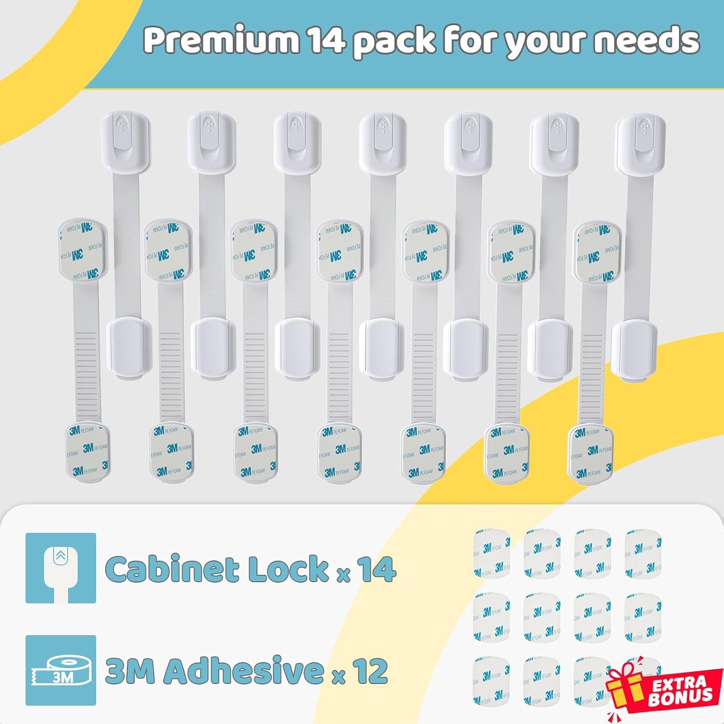 4our Kiddies 14 Pack Baby Proof Cabinet Latches, Childproof Drawer Latches with 12 Extra 3M Adhesives, Adjustable No Drilling Child Safety Cabinet Locks Straps Baby Drawer Locks for Kids Baby Safety