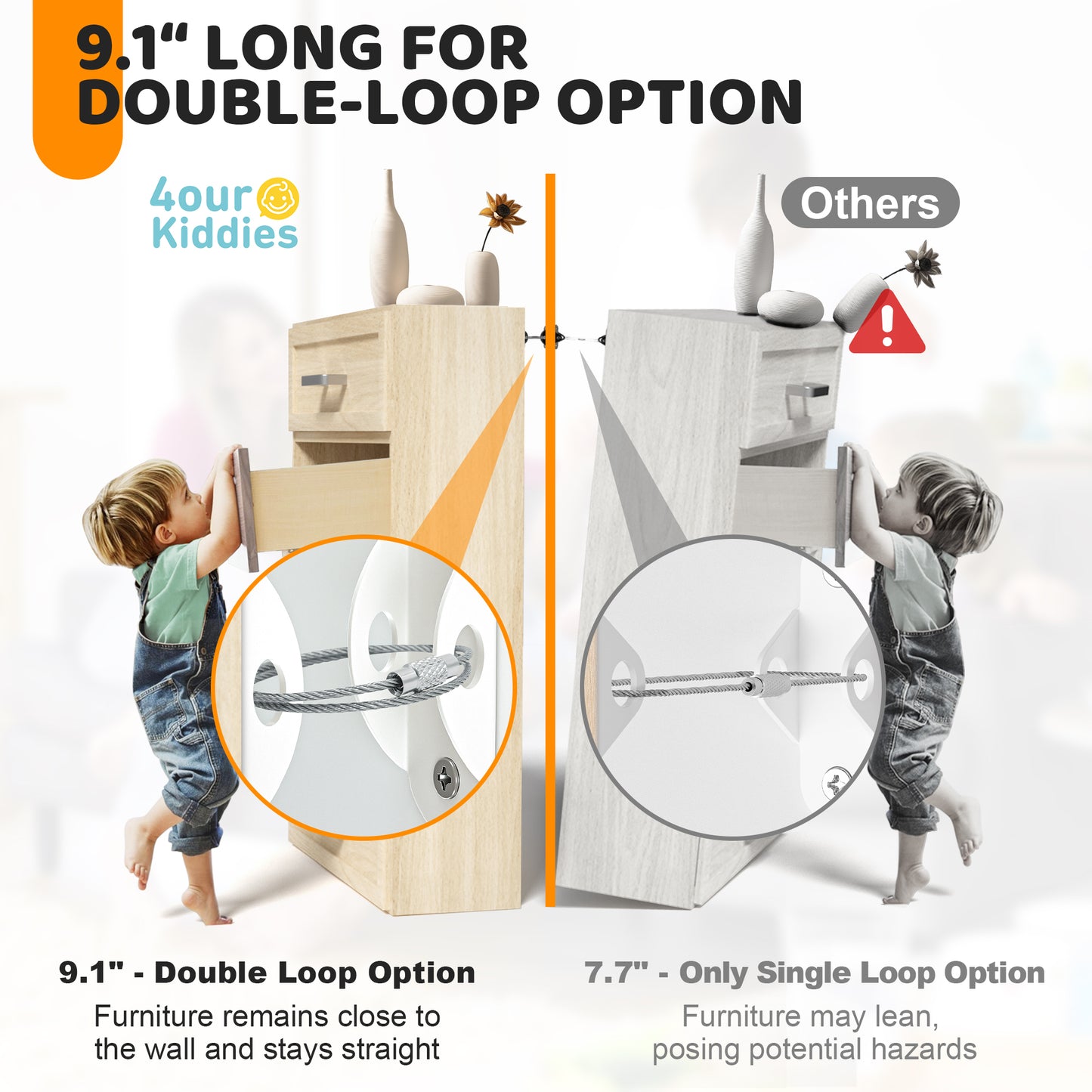 4our Kiddies Furniture Anchors (6 Pack), Furniture Straps for Baby Proofing, Secure 400 Pound Furniture to Wall Prevent Falling, Anti Tip Earthquake Straps for Child Safety (Black)