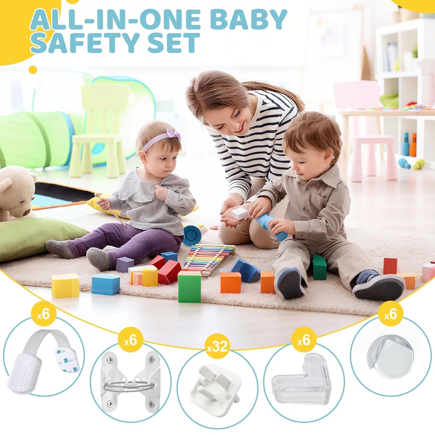 4our Kiddies Baby Proofing Kit 56 Pack, Child Safety Essentials with Cabinet Locks, Outlet Covers, Furniture Anchors and Corner Protectors