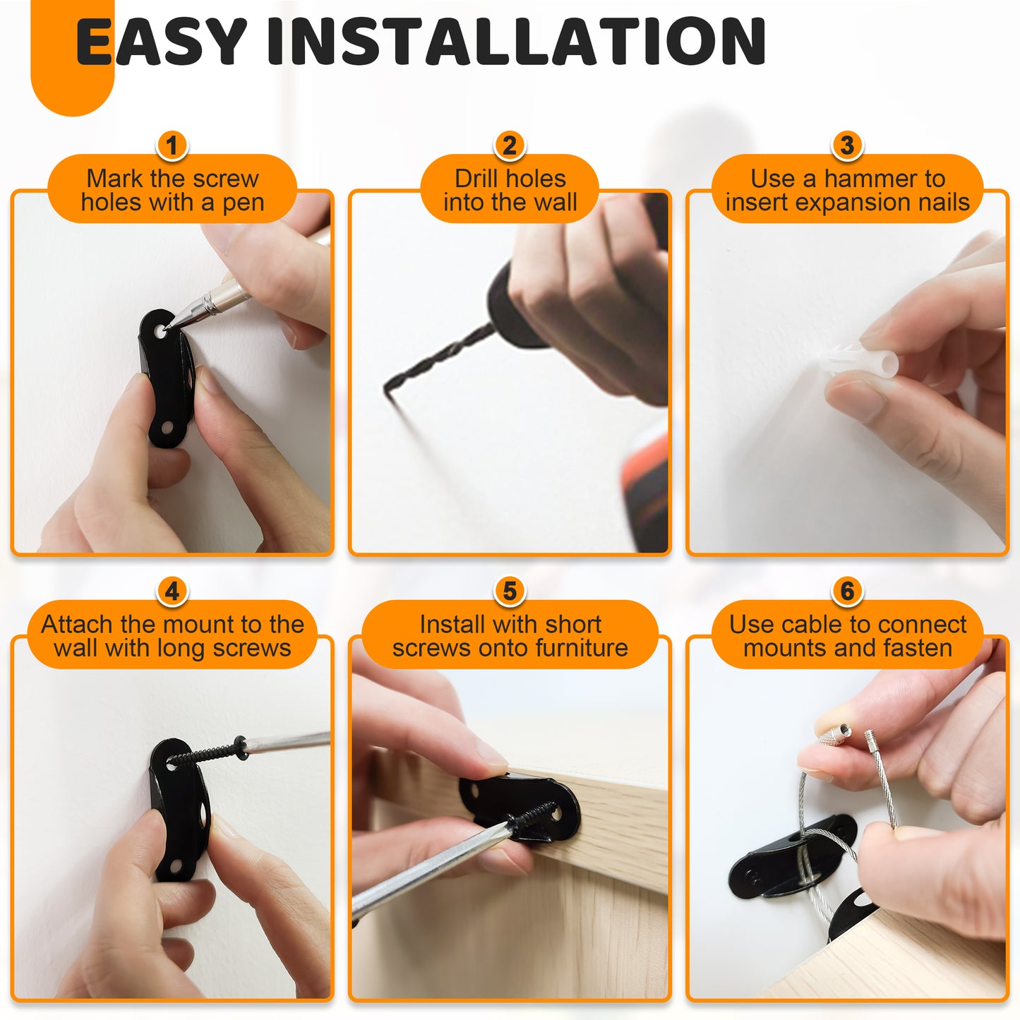 4our Kiddies Furniture Anchors (6 Pack), Furniture Straps for Baby Proofing, Secure 400 Pound Furniture to Wall Prevent Falling, Anti Tip Earthquake Straps for Child Safety (Black)