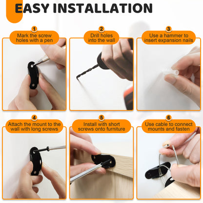 4our Kiddies Furniture Anchors (6 Pack), Furniture Straps for Baby Proofing, Secure 400 Pound Furniture to Wall Prevent Falling, Anti Tip Earthquake Straps for Child Safety (Black)