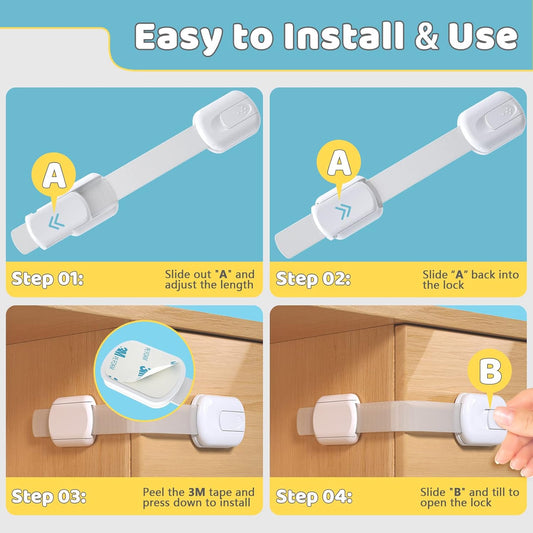 4our Kiddies Cabinet Locks 14 Pack, Adjustable Baby Proof Drawer Latches with Adhesive Mounting, No Drill Child Safety Cabinet Locks