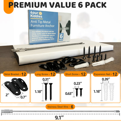 4our Kiddies Furniture Anchors (6 Pack), Furniture Straps for Baby Proofing, Secure 400 Pound Furniture to Wall Prevent Falling, Anti Tip Earthquake Straps for Child Safety (Black)