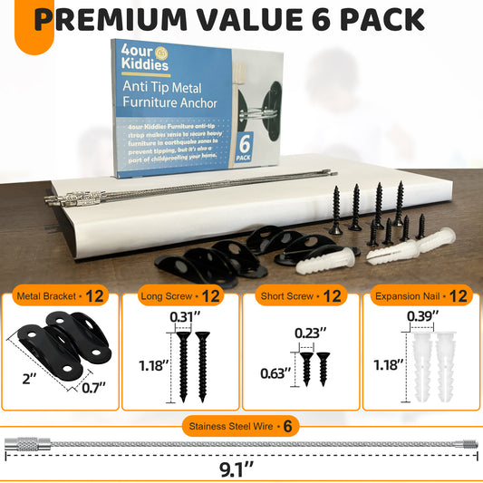 4our Kiddies Furniture Anchors 6 Pack, Anti Tip Furniture Straps for Baby Proofing, Wall Anchors for Child Safety