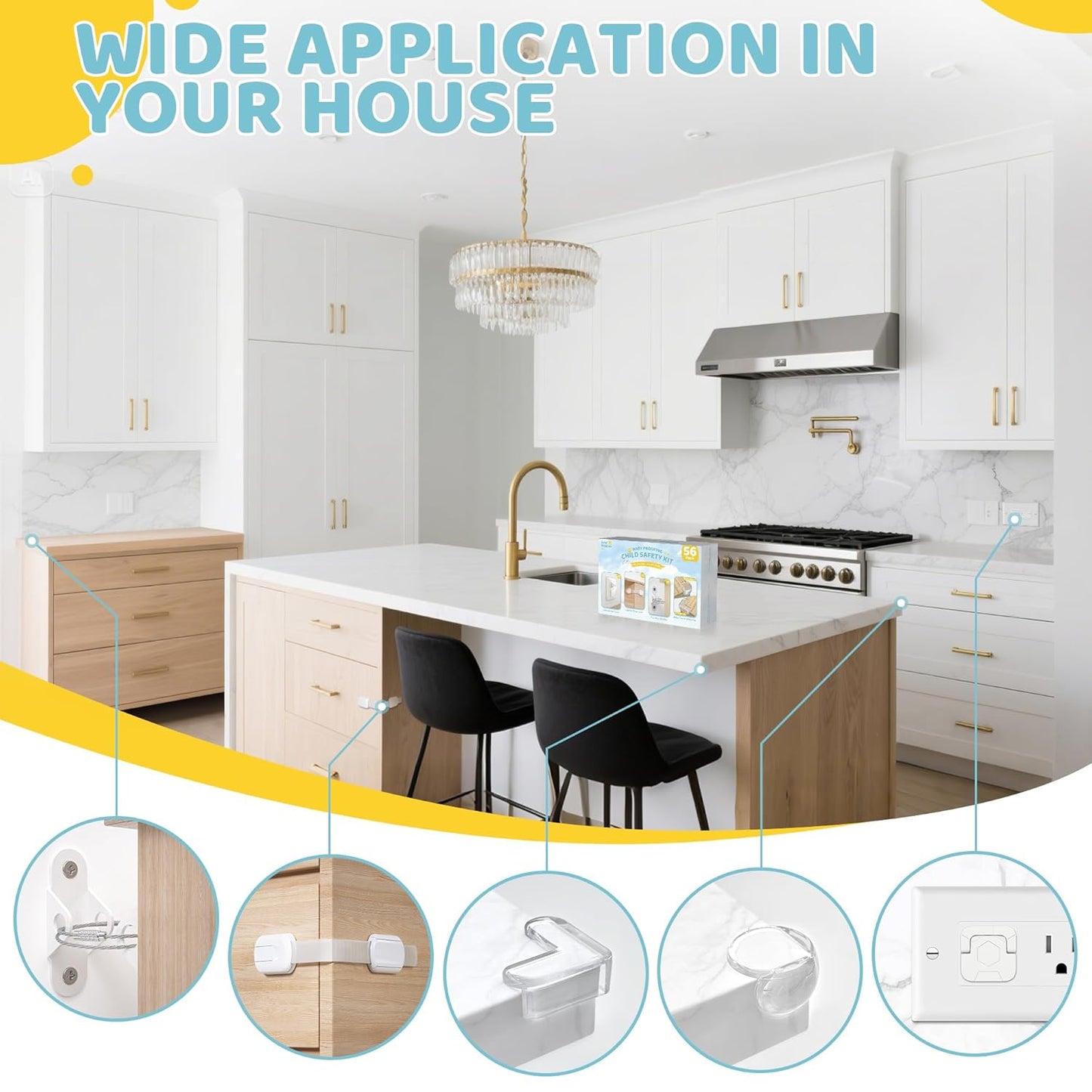 4our Kiddies Baby Proofing Kit 56 Pack, Child Safety Essentials with Cabinet Locks, Outlet Covers, Furniture Anchors and Corner Protectors